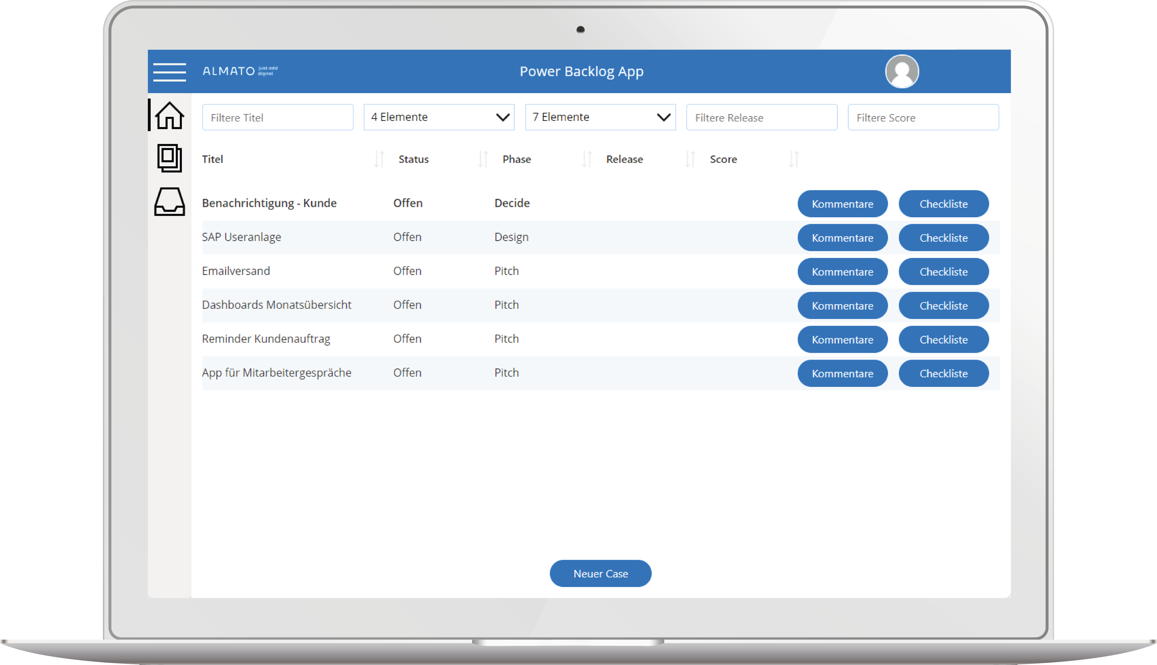 Almato Backlog App Übersicht. Benutzeroberfläche mit den Spalten Titel, Status, Phase, Release und Score sowie dazugehörigen Filteroptionen. Buttons für Kommentare und Checkliste bei jedem Eintrag. Option einen neuen Case einzutragen. Navigationsleiste links.